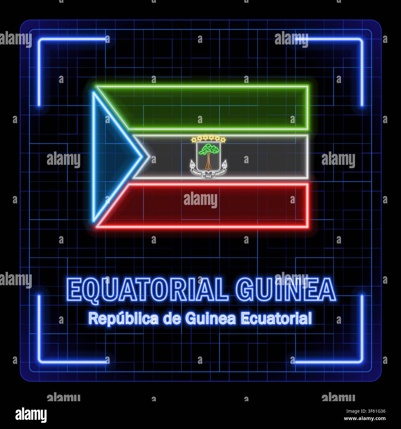 Equatorial Guinea flag symbol. Tech cyber data concept, editable strokes flag collection, bright neon design. Stock Vector