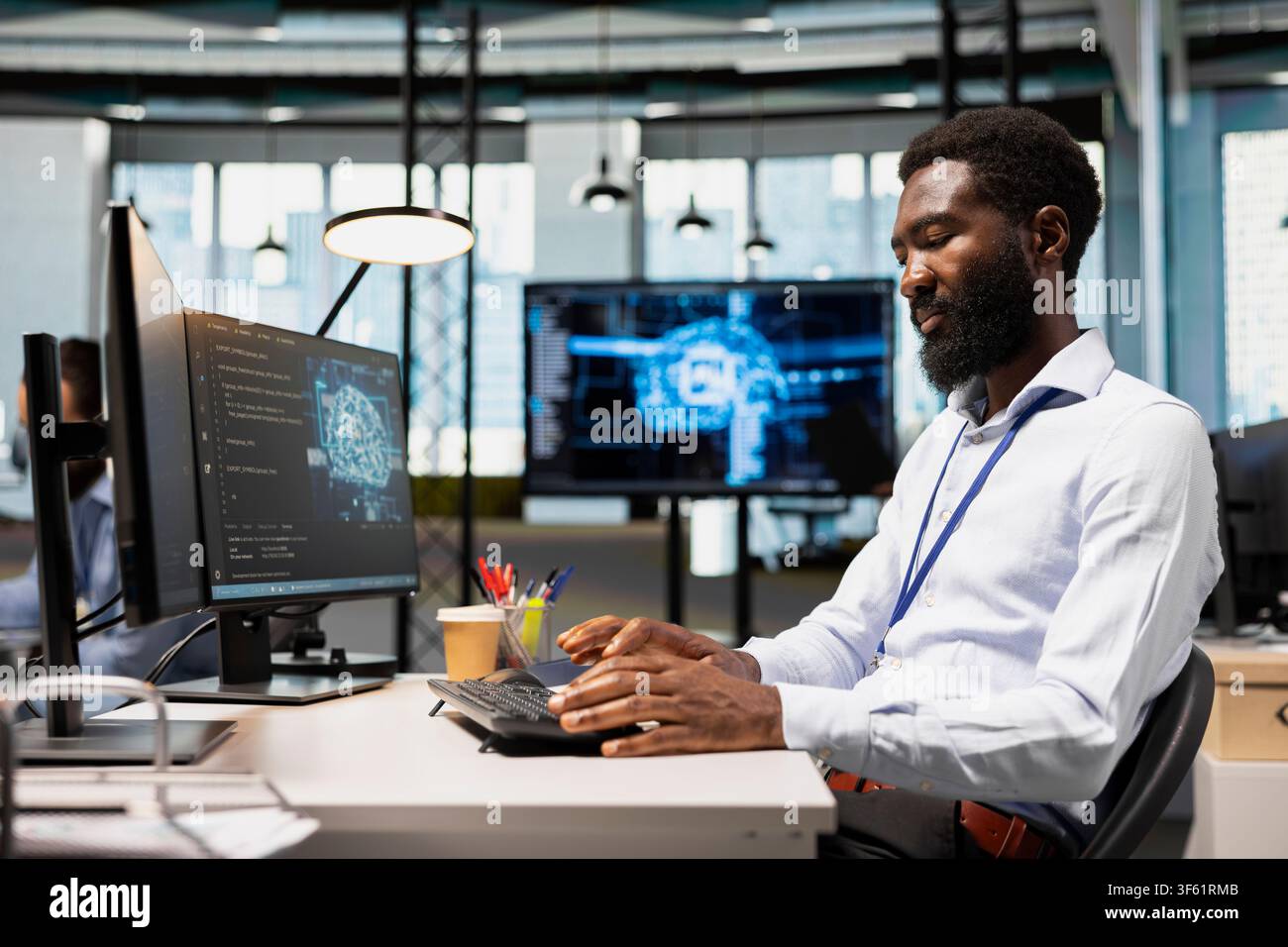 Programmer adjusting machine learning algorithms parameters at work to automate tasks. Tech startup employee using application, working with AI driven insights for code optimization Stock Photo
