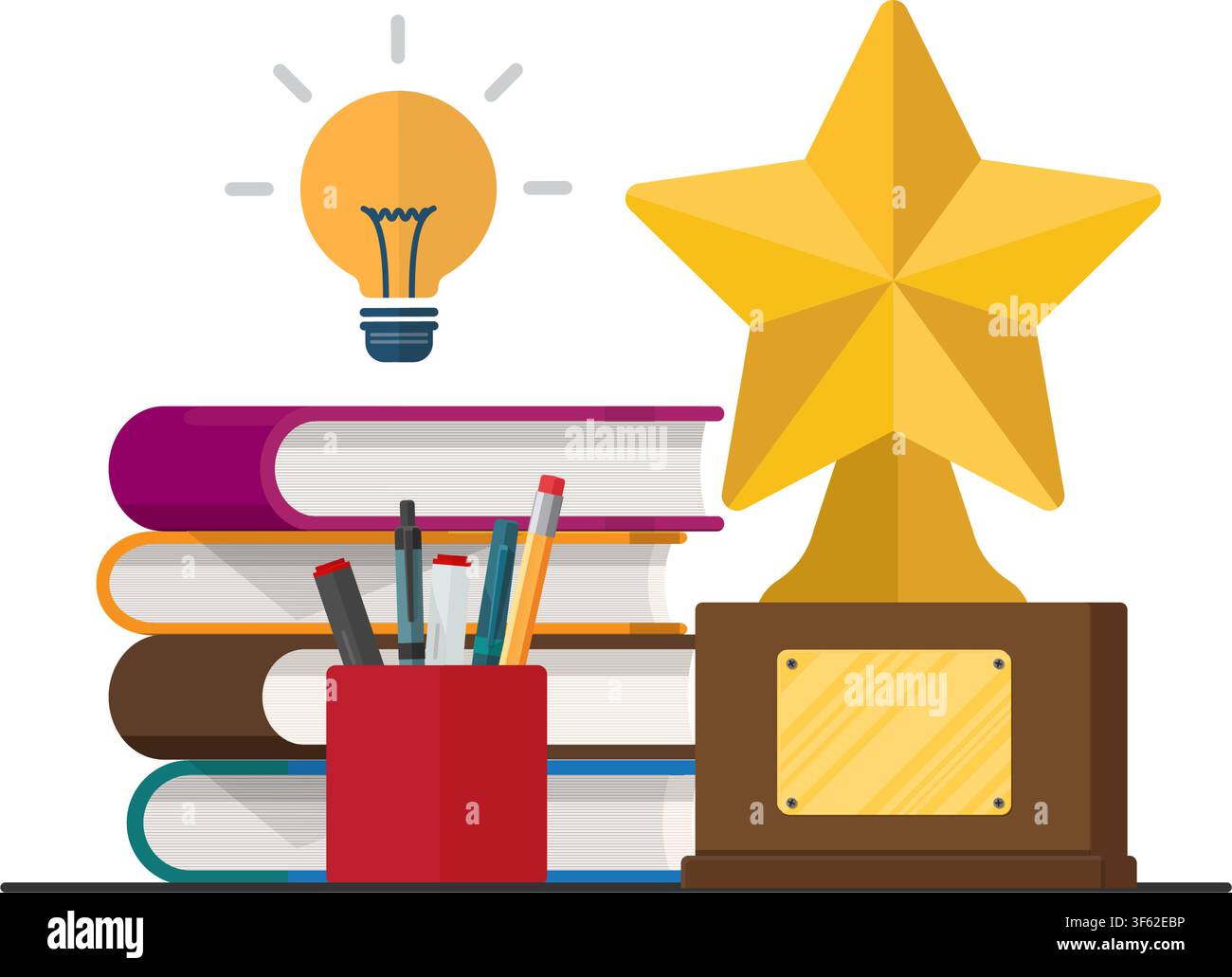 flat illustration of a star trophy, stack of books, and light bulb representing academic excellence and bright ideas. Stock Vector