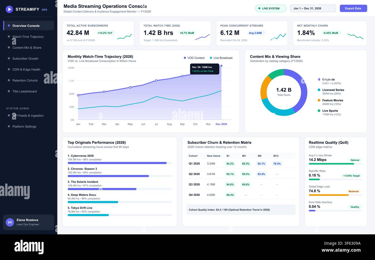 Clean vector user interface displaying video streaming analytics, subscriber growth, and content performance metrics. Stock Vector