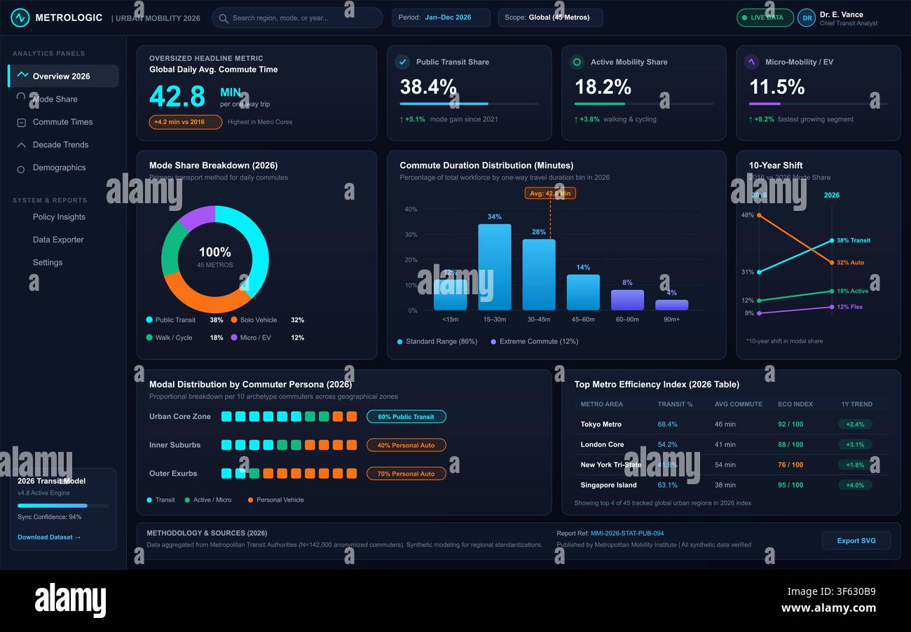 Modern dark mode digital interface displaying urban mobility analytics, transit charts, and statistical commuting reports. Stock Vector