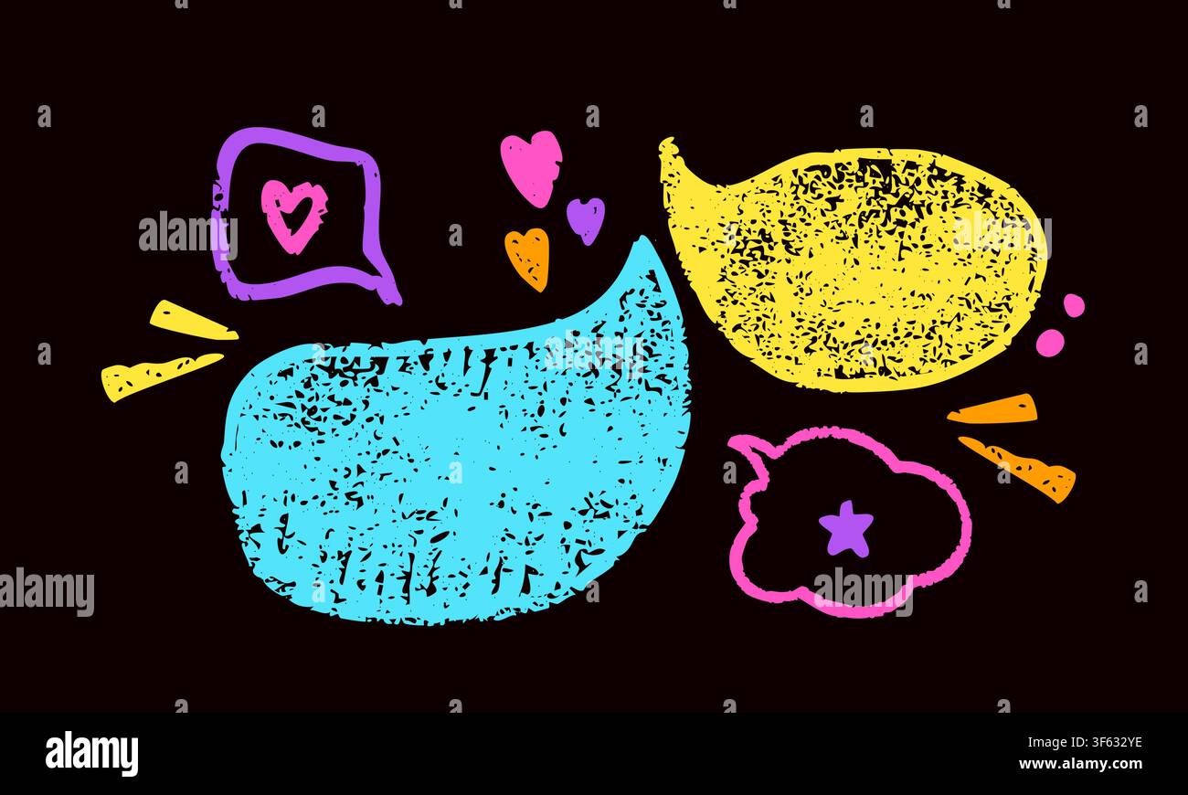 Design with yellow and blue crayon speech bubbles. Stock Vector