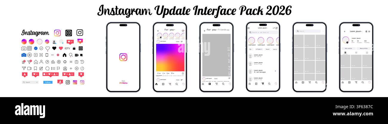 Apple iPhone 16 with Instagram interface update 2026. Mobile application UI screens and Instagram icon pack isolated on white background. Editorial il Stock Vector