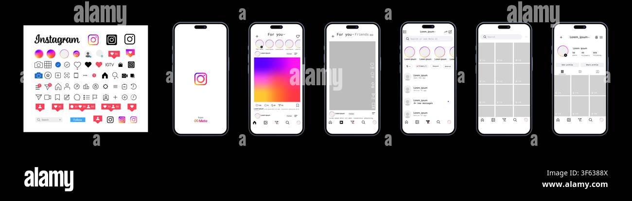 Apple iPhone 16 with Instagram interface update 2026. Mobile application UI screens and Instagram icon collection on black background. Editorial illus Stock Vector