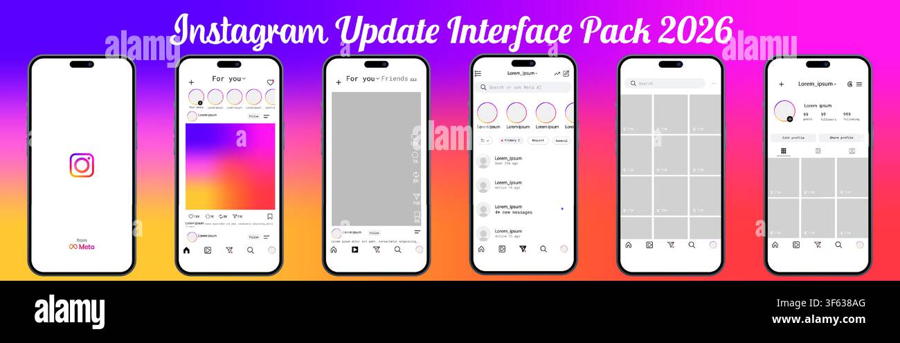 Apple iPhone 16 displaying Instagram interface update 2026. Mobile application UI screens including splash screen, home feed, reels, messages, search Stock Vector