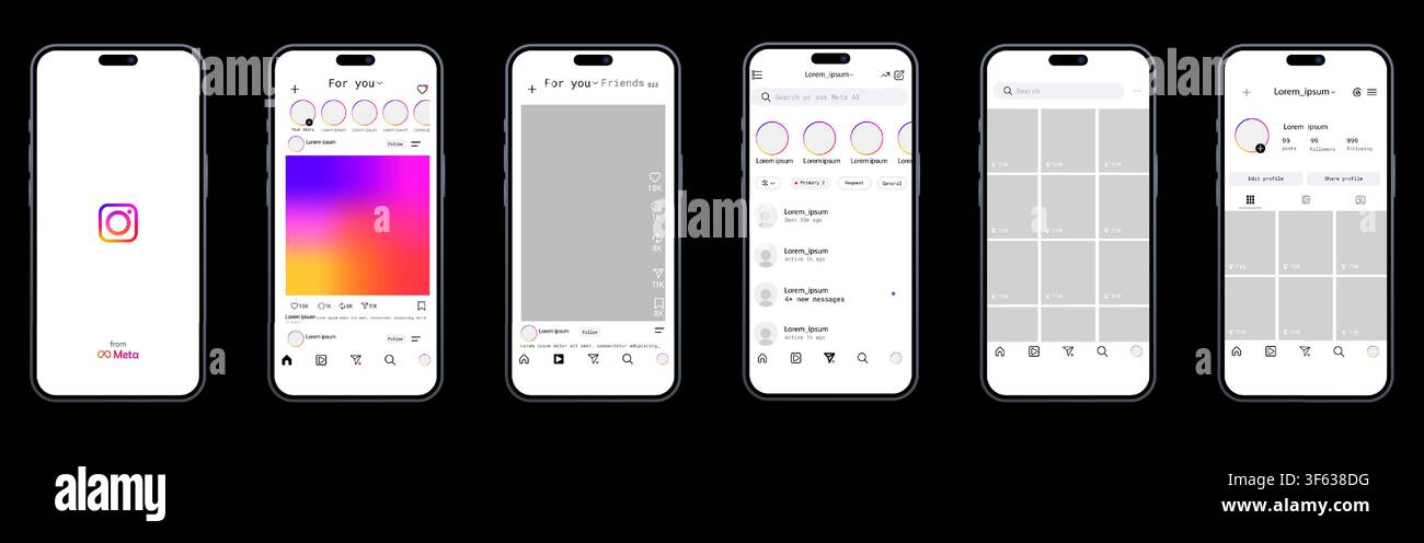 Apple iPhone 16 displaying Instagram interface update 2026. Mobile application UI screens on black background. Editorial illustration Stock Vector