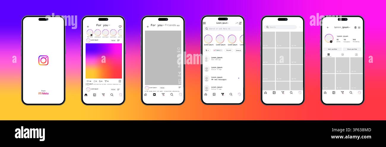 Instagram interface update 2026. Social media application UI screens with splash page, reels feed, messages, profile layout and navigation. Editorial Stock Vector