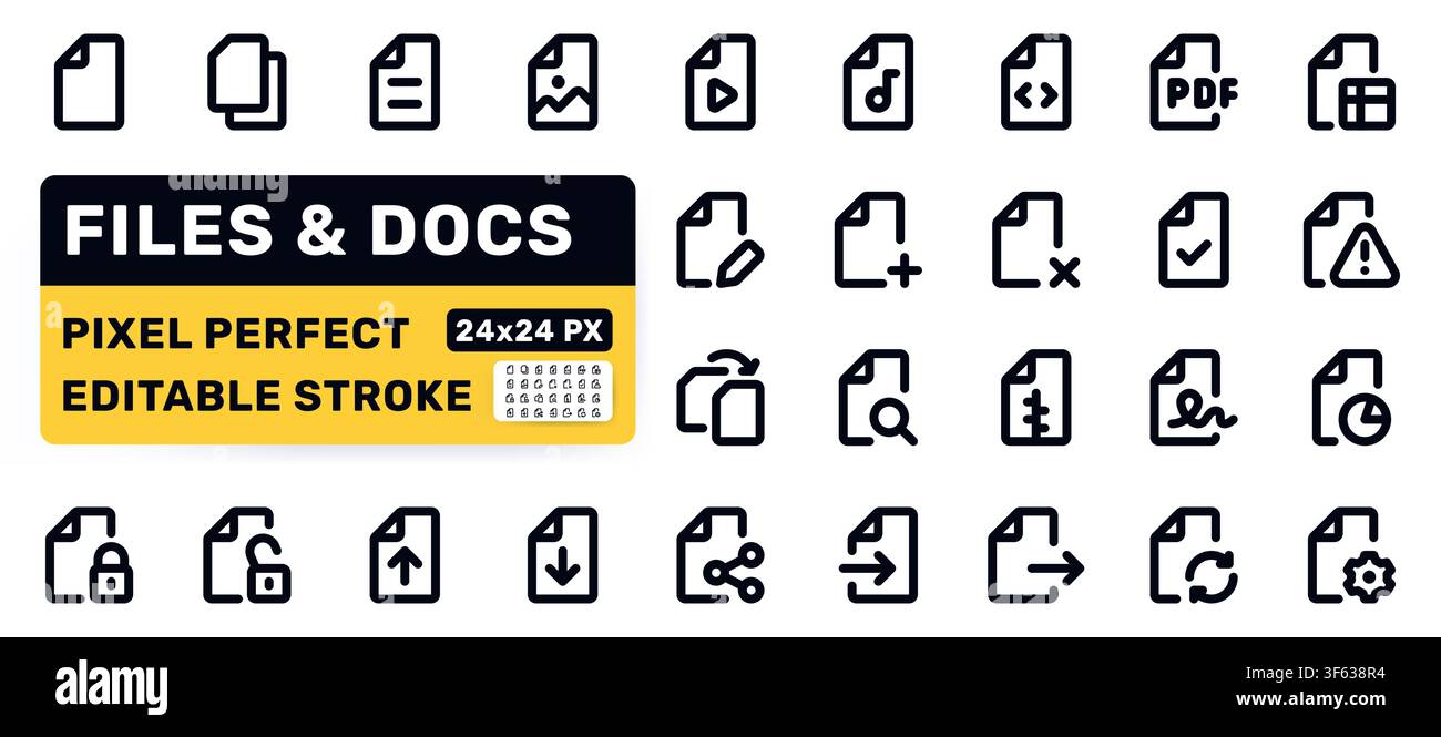 File, document line icon set. PDF image, video, audio, search, download, lock share pictogram minimal vector illustration. Simple bold outline sign Stock Vector