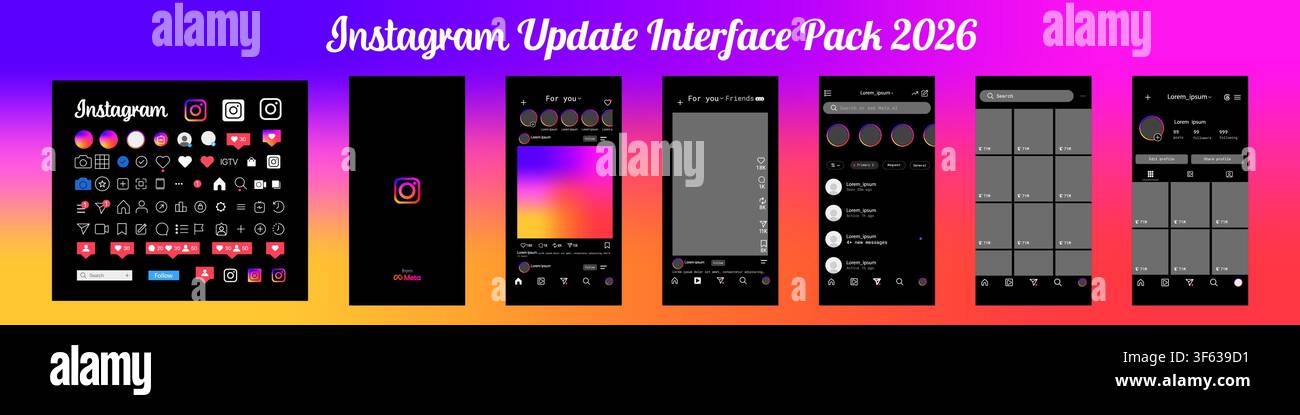 Instagram dark mode interface update 2026. Complete mobile application UI pack with icons, splash screen, reels feed, messages, profile page and navig Stock Vector