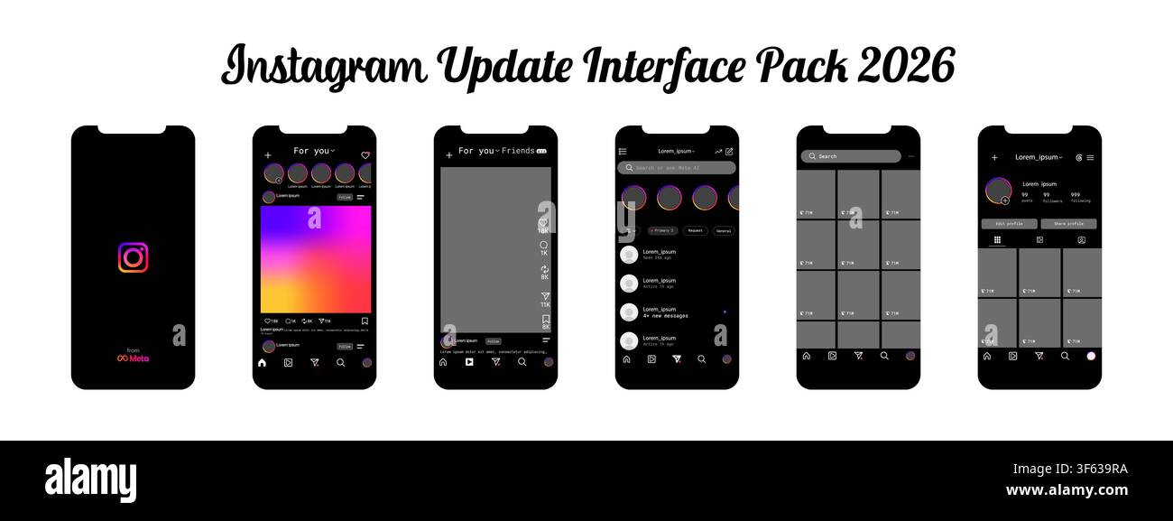 Instagram interface update pack 2026 in dark mode. Mobile application UI screens isolated on white background. Editorial illustration Stock Vector