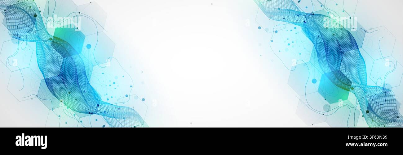 Abstract technology background with blue wireframe wave and  hexagons. Vector Stock Vector