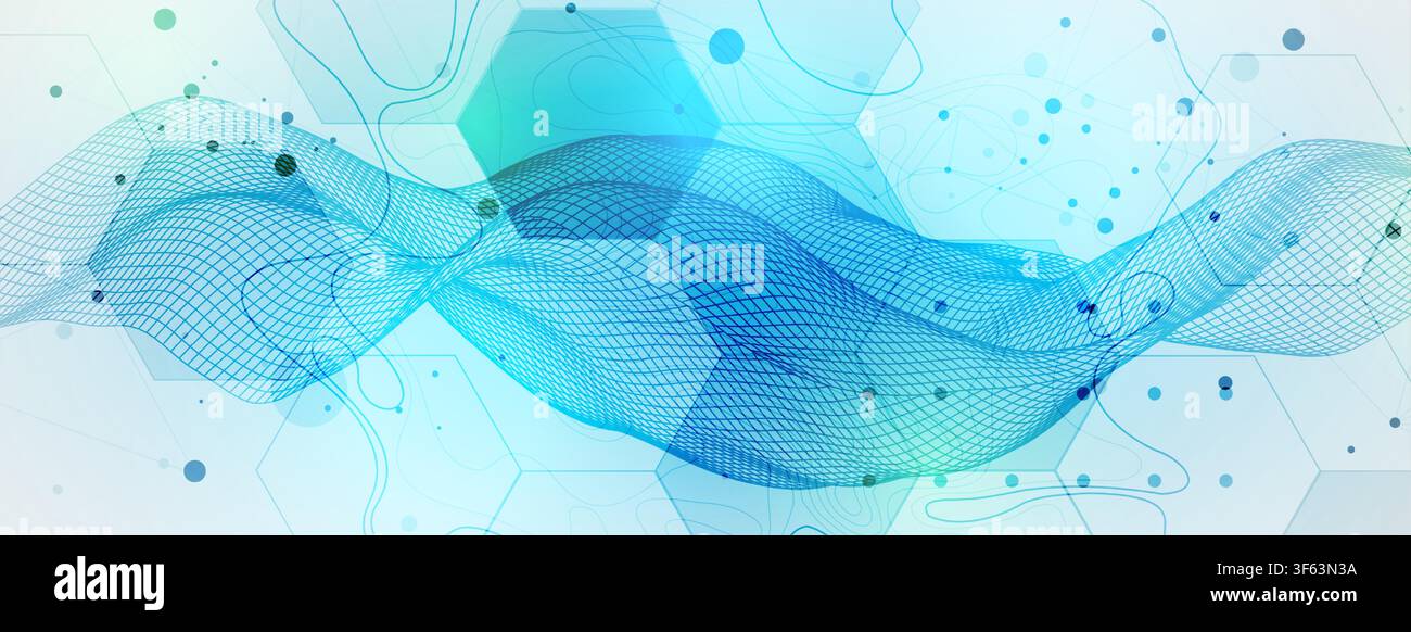 Abstract technology background with blue wireframe wave and  hexagons. Vector Stock Vector