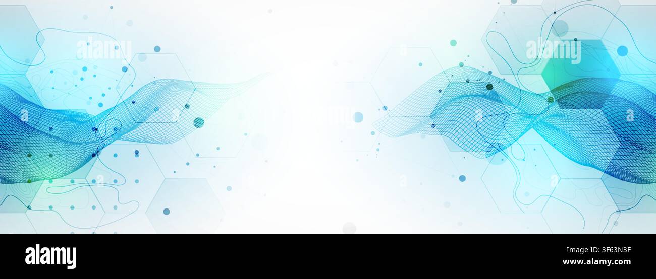 Abstract technology background with blue wireframe wave and  hexagons. Vector Stock Vector