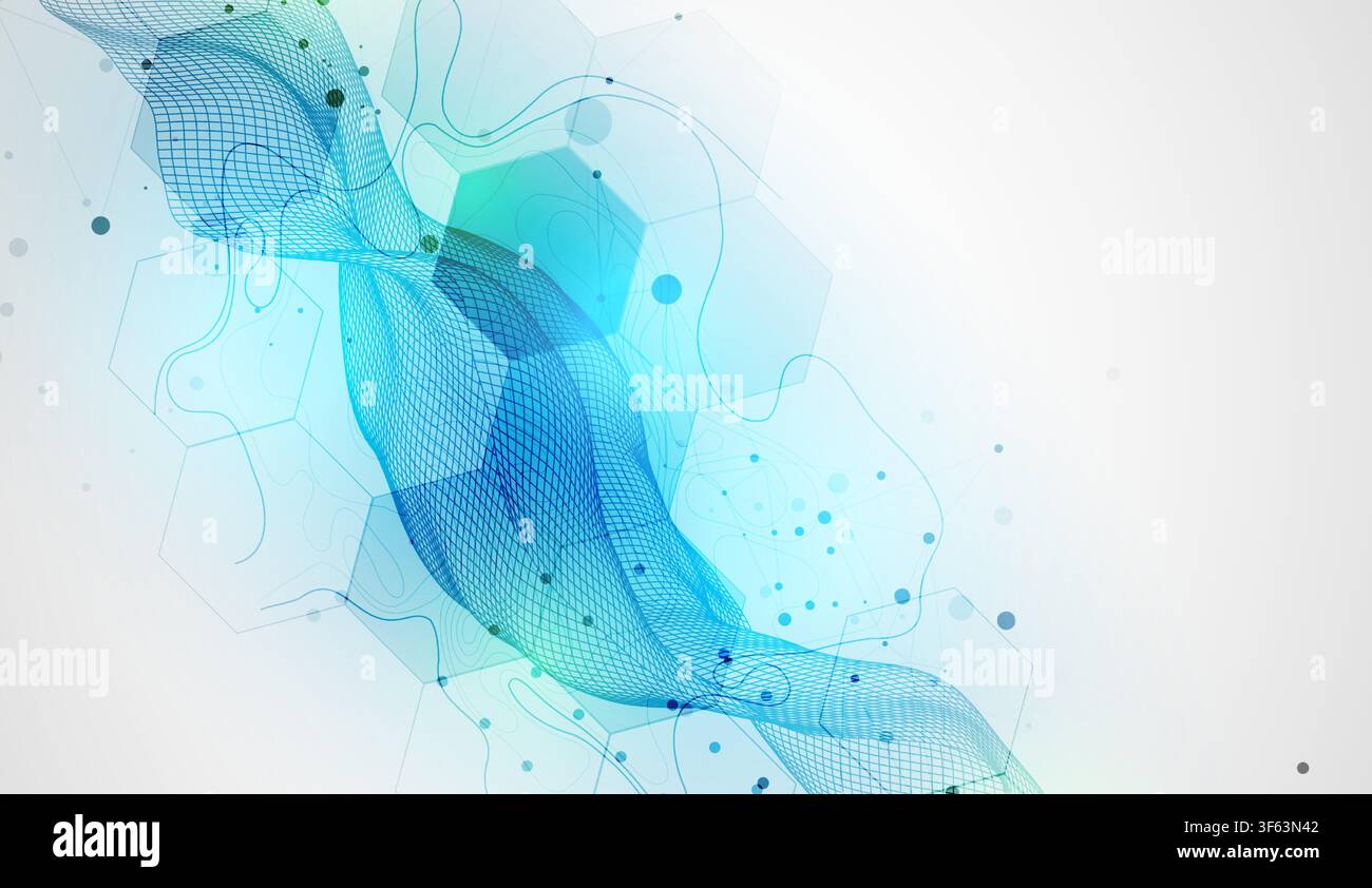 Abstract technology background with blue wireframe wave and  hexagons. Vector Stock Vector