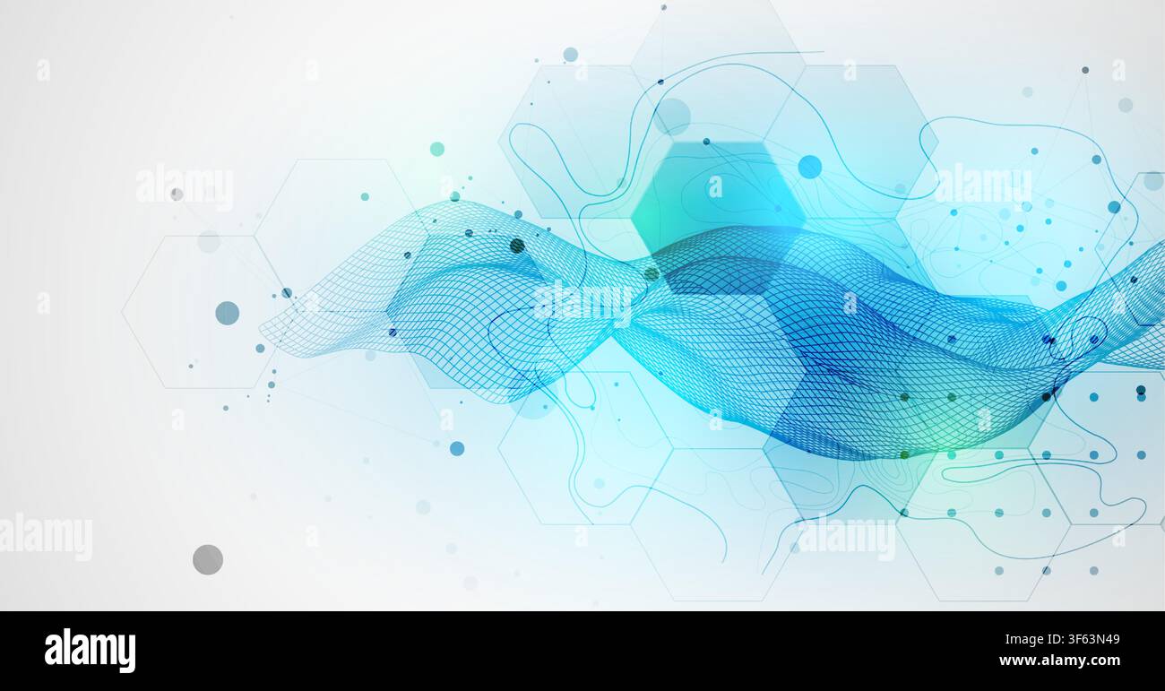 Abstract technology background with blue wireframe wave and  hexagons. Vector Stock Vector