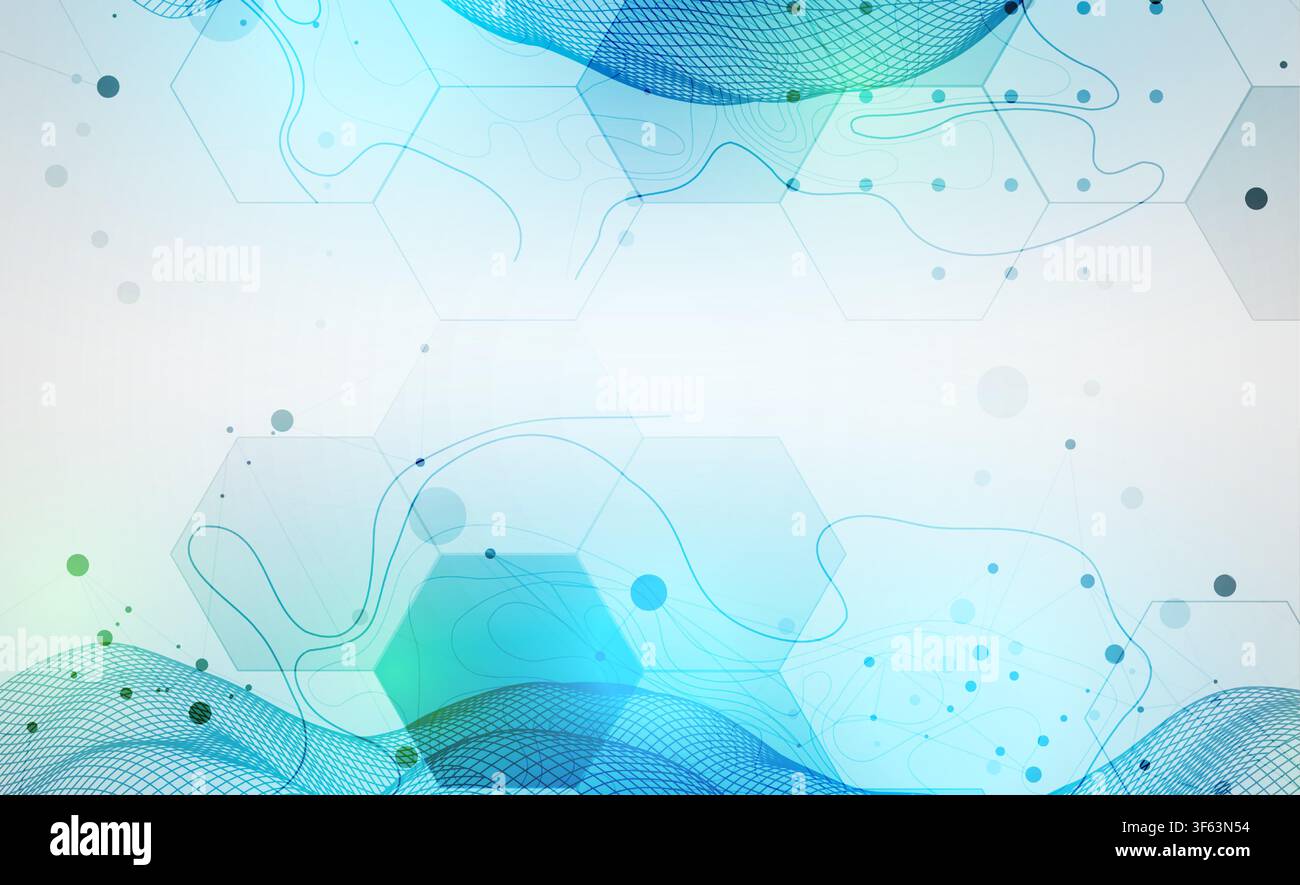 Abstract technology background with blue wireframe wave and  hexagons. Vector Stock Vector