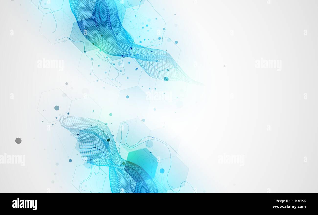 Abstract technology background with blue wireframe wave and  hexagons. Vector Stock Vector