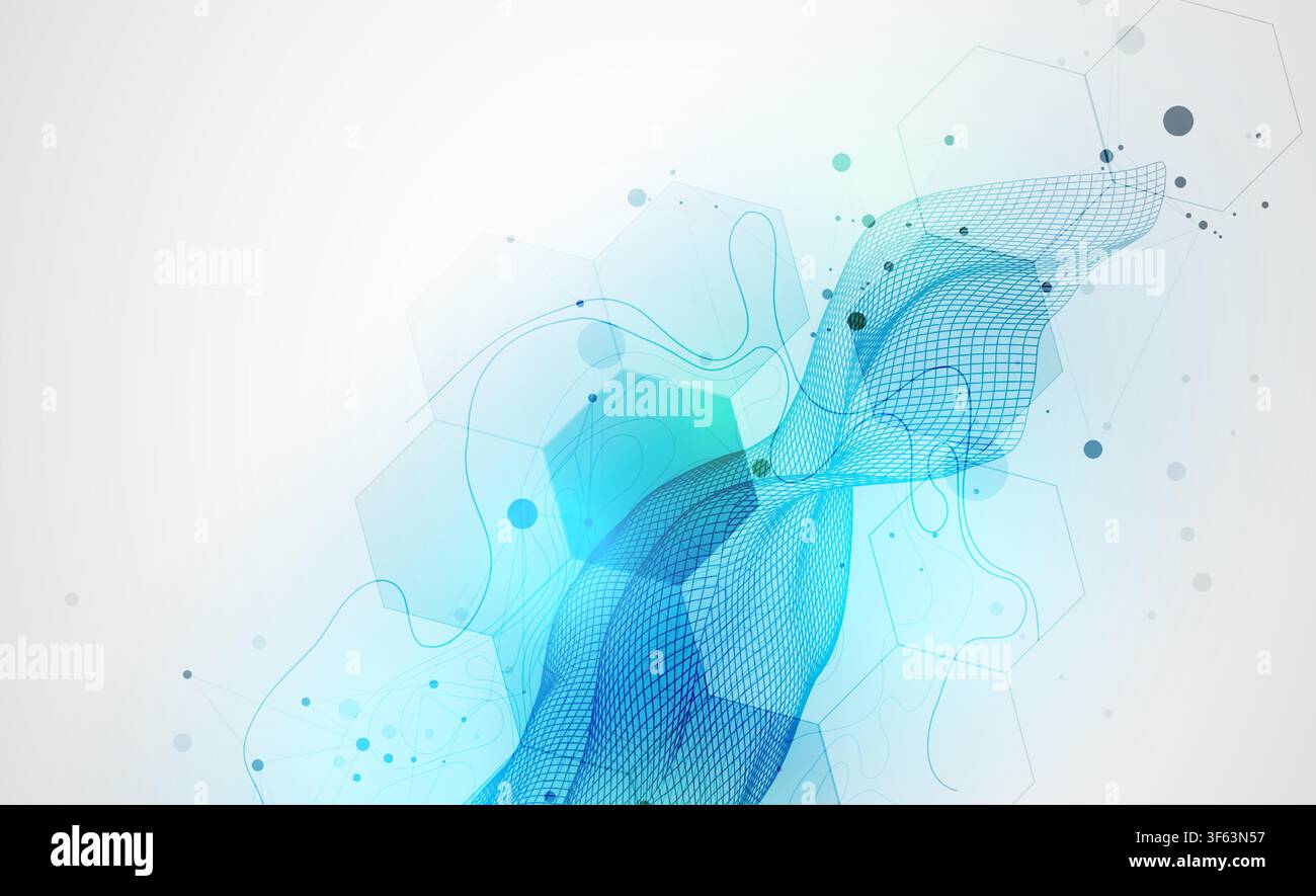 Abstract technology background with blue wireframe wave and  hexagons. Vector Stock Vector