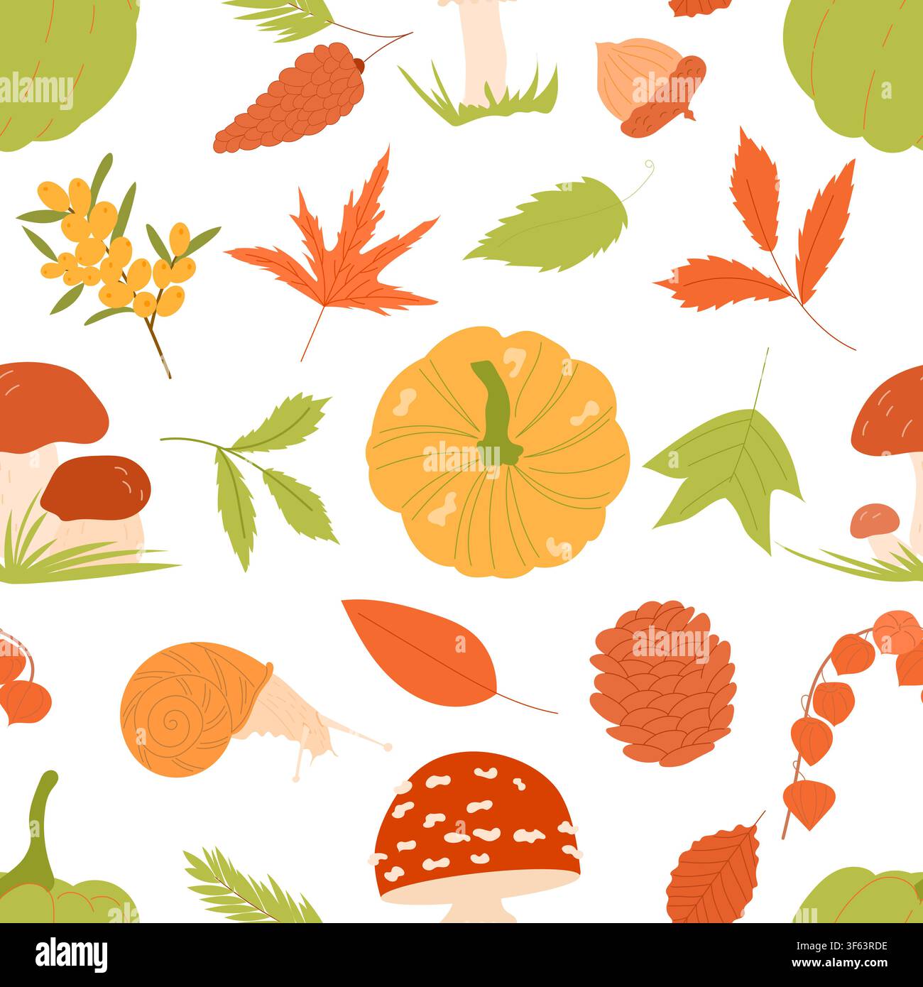 Autumn forest elements seamless pattern with pumpkins, mushrooms, pine cones, maple leaves. Stock Vector