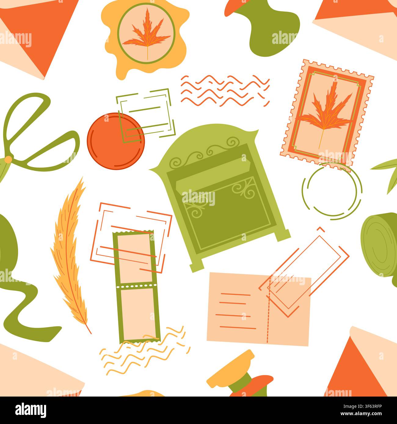 Autumn mail elements seamless pattern with mailbox, postage stamps, wax seal, scissors. Stock Vector