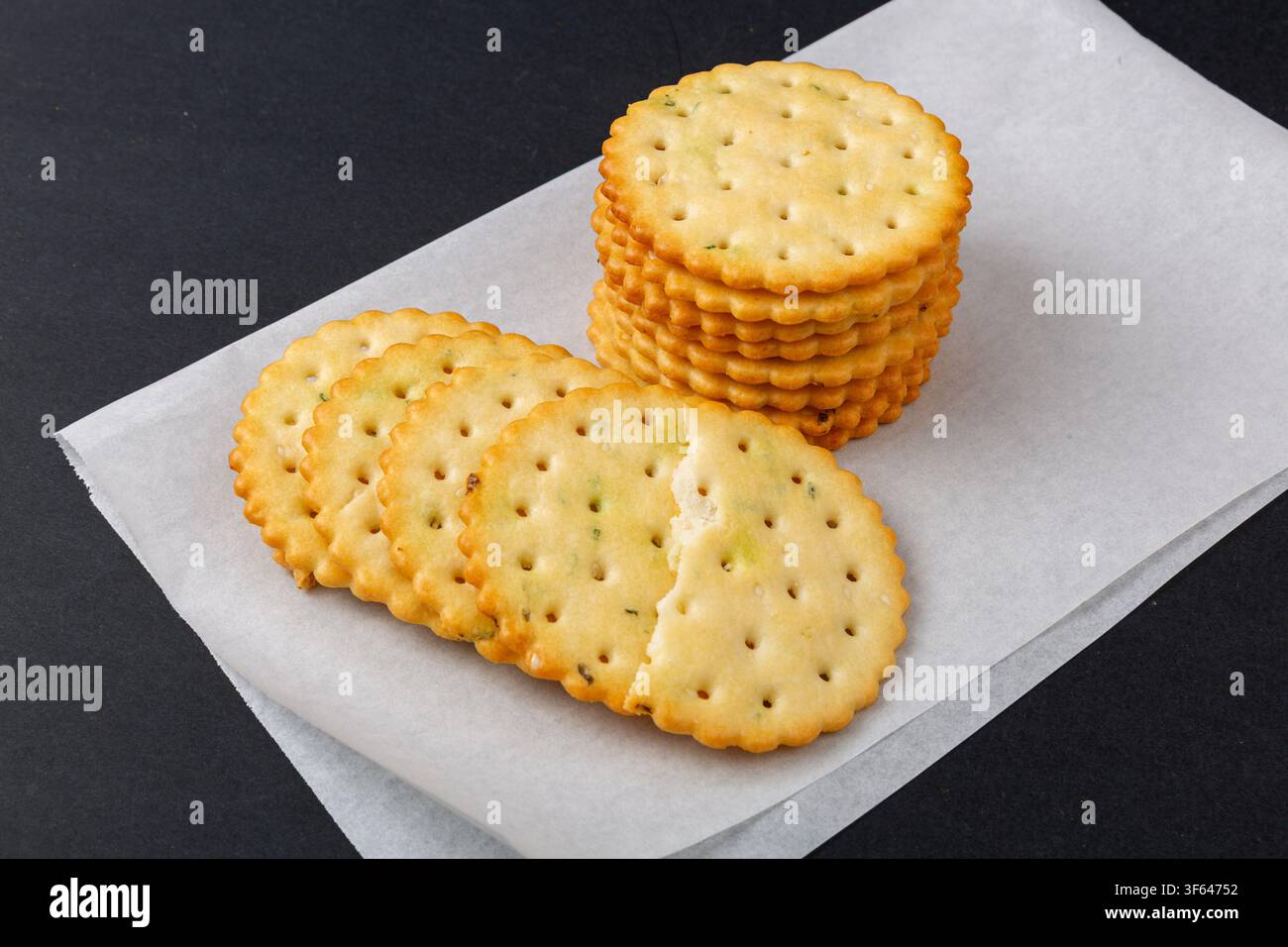 Round Scallion Seasoned Salted Crackers Stack Stock Photo