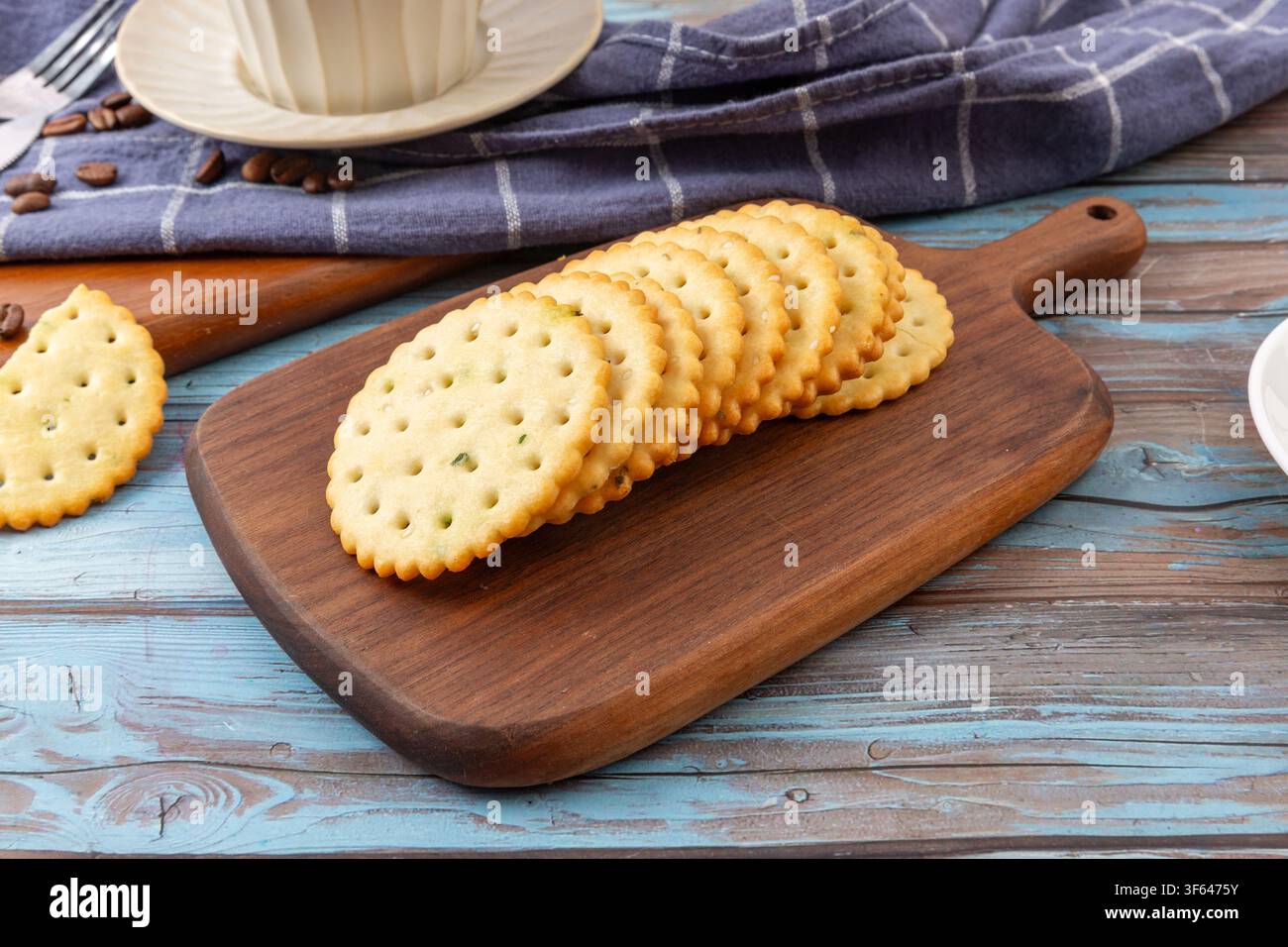 Round Scallion Seasoned Salted Crackers Stack Stock Photo