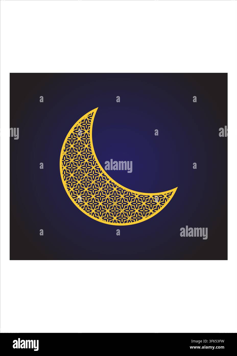 Elegant golden ornamental crescent moon featuring intricate geometric floral patterns set against a dark blue background for Islamic celebrations. Stock Vector