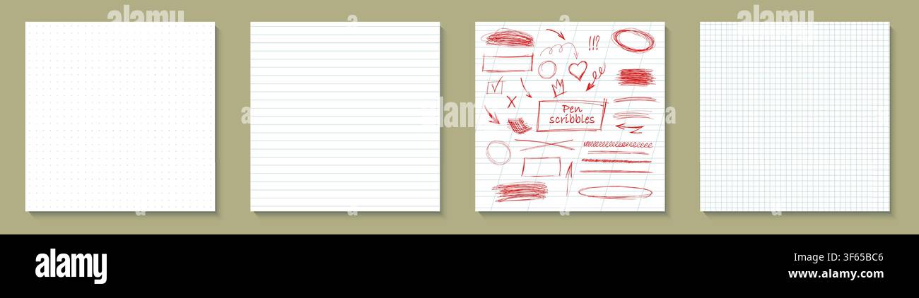 White paper texture set. Grid dot, diagonal line, checkered education pattern bg. Square notebook note mockup sheets with red ballpen underline scribb Stock Vector