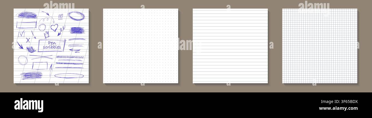 Square notebook note mockup sheets with blue ballpen underline scribble. White paper texture set. Grid dot, diagonal line, checkered education pattern Stock Vector