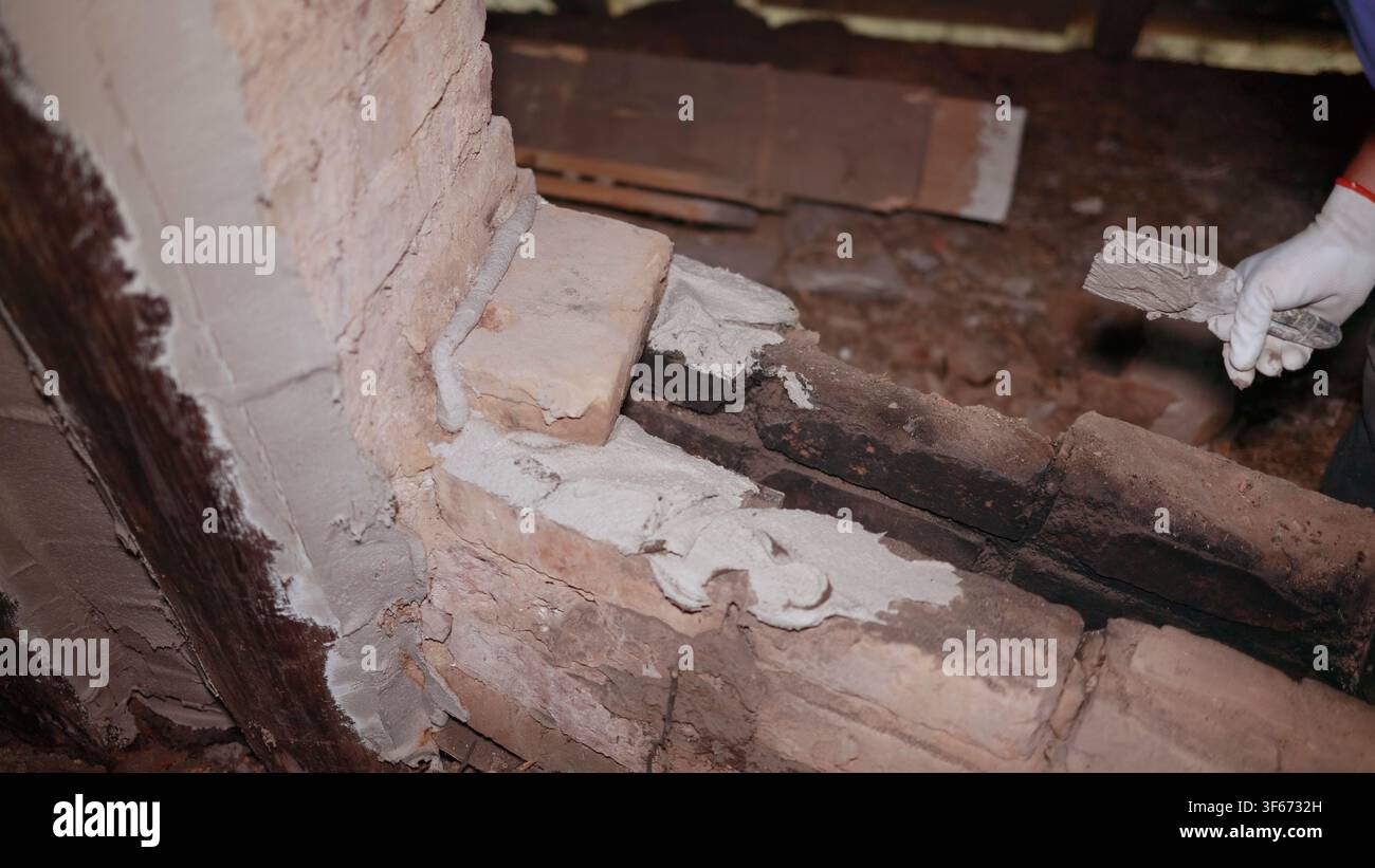 Construction worker restoring an old brick wall using mortar and trowel Stock Photo