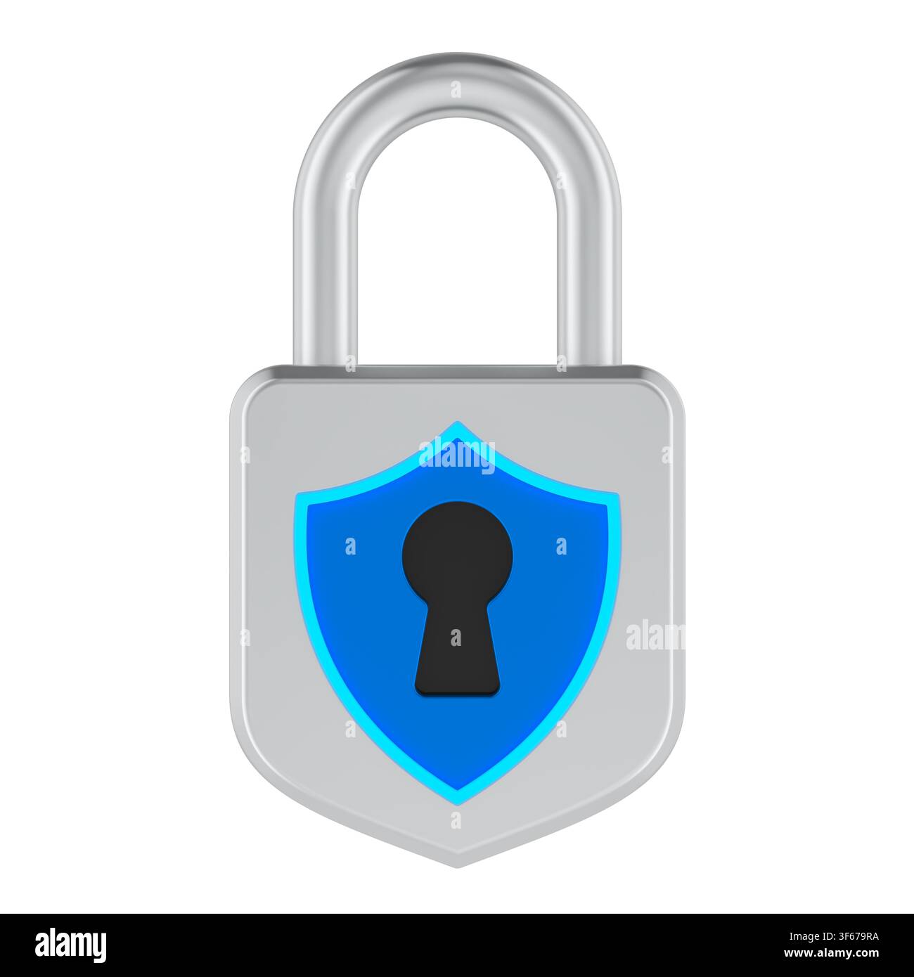 Padlock with blue security shield. 3D rendering isolated on white background Stock Photo