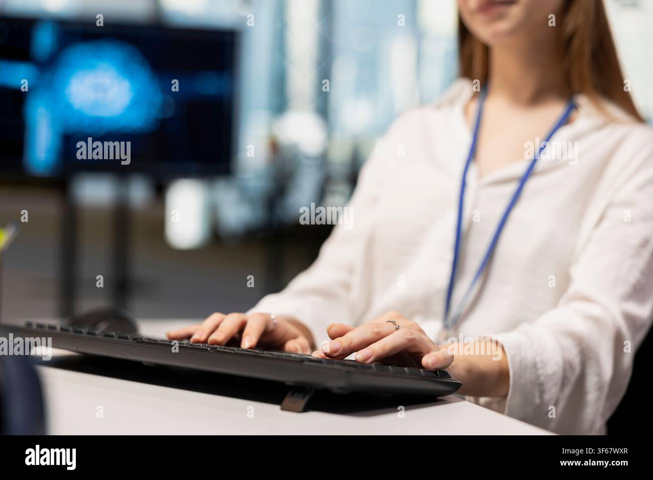 Close up of IT specialist using AI LLM assistant to review code file for glitches. Software developer using artificial intelligence to suggest optimizations and speed up application performance Stock Photo