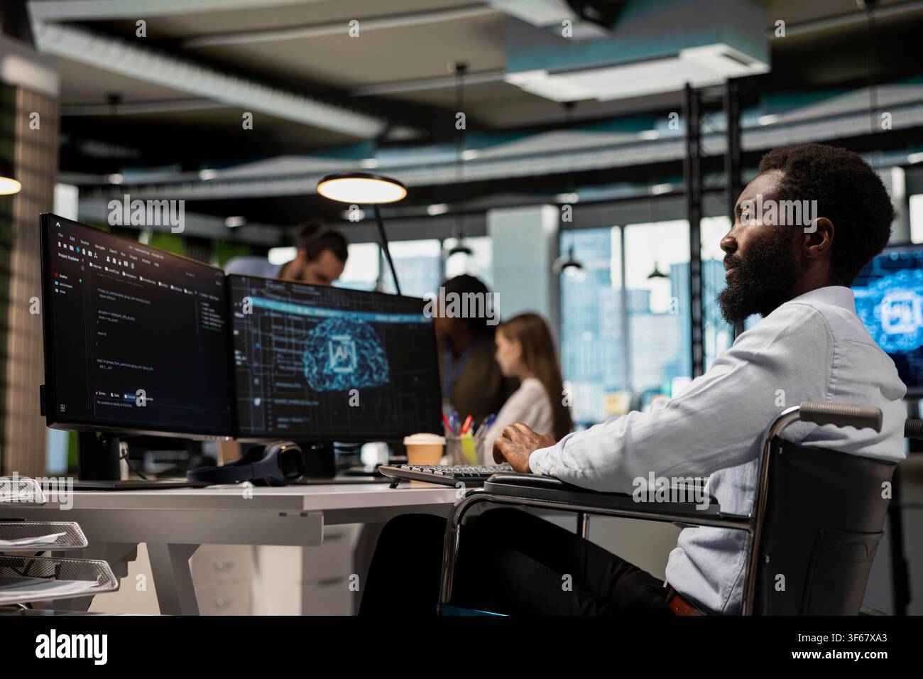 IT specialist in wheelchair using AI automation, refining algorithms for faster processing. Programmer with paraplegia in inclusive office using artificial intelligence for resource optimization Stock Photo