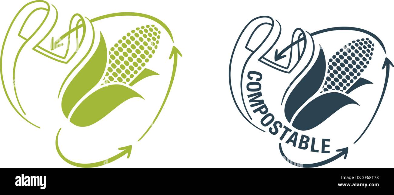 Compostable pack made from corn - biodegradable plastic packet from reusable marterial - eco friendly compostable production - environment Stock Vector