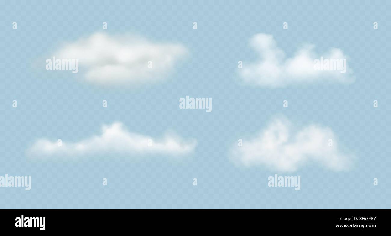 White vector clouds. Realistic, soft, fluffy sky elements on light blue transparent background Stock Vector