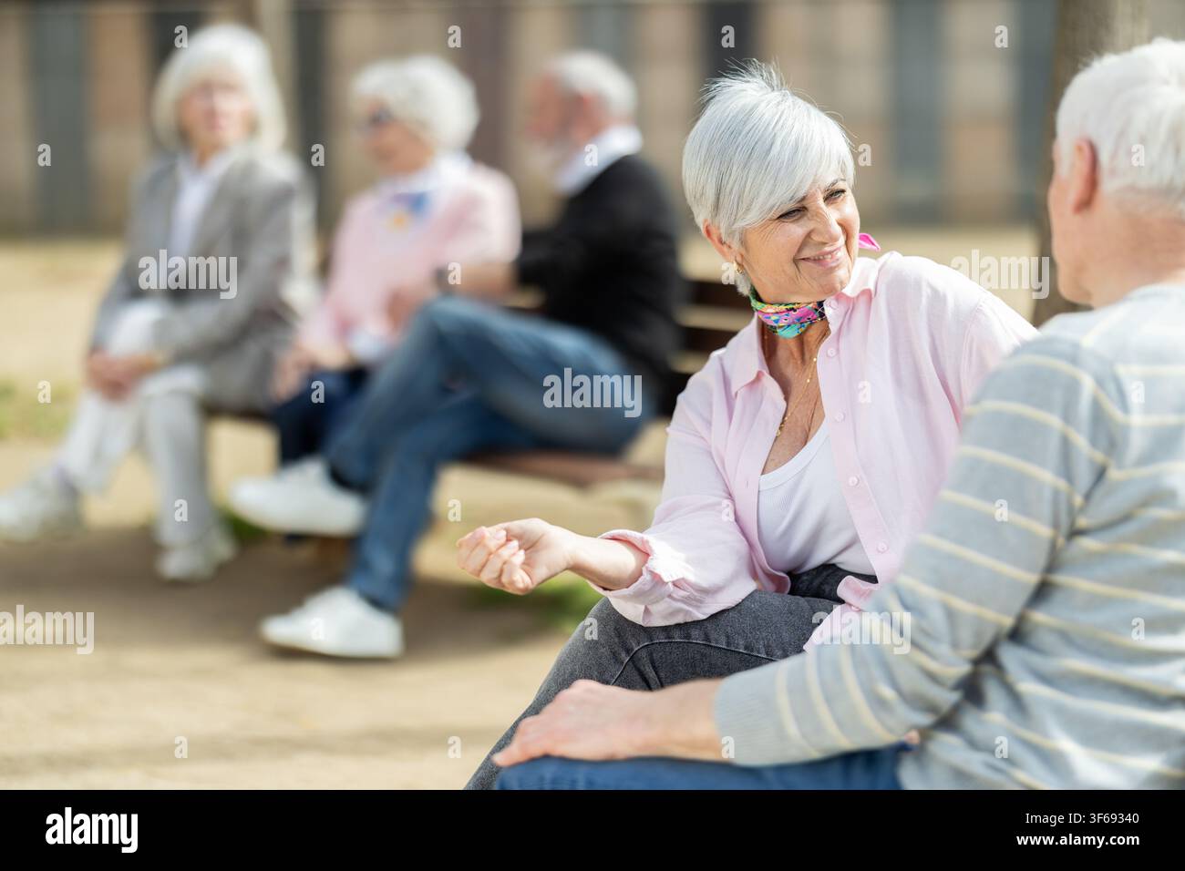 Elderly couple sitting on bench, flirting, chatting Stock Photo