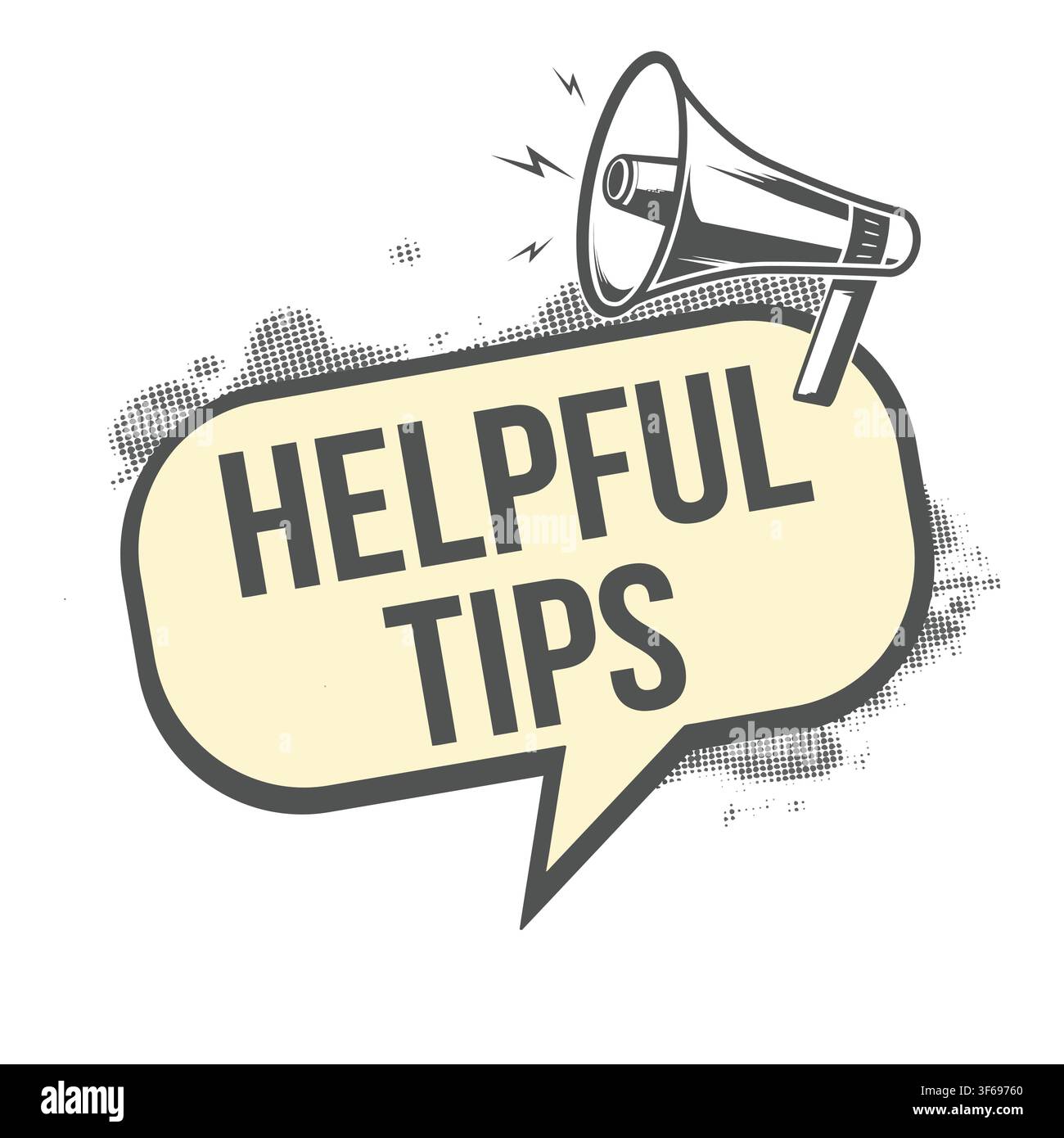 Helpful tips speech bubble element with retro megaphone and halftone texture, vector illustration Stock Vector