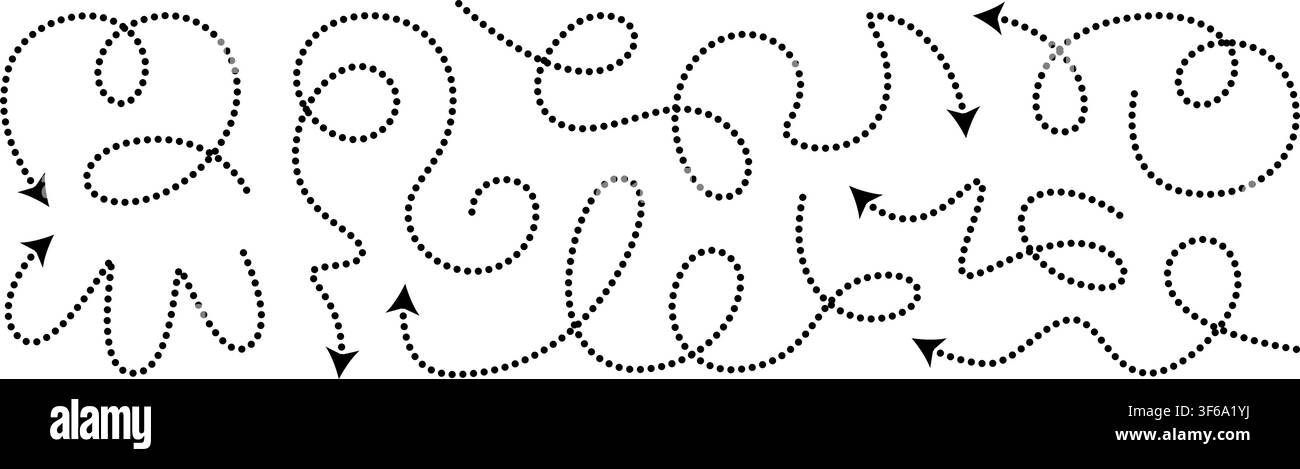 Squiggly dotted arrow, vector dashed curved line arow set. Rise and fall change plan, doodle shaped pointer map element. 3d dynamic curly direction Stock Vector