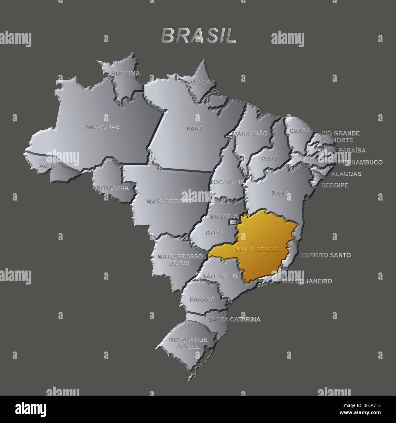 Metallic gold map of the state of Minas Gerais, highlighted against a metallic map of Brazil Stock Vector