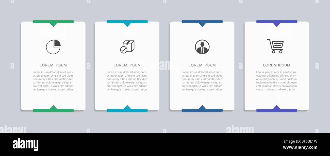 Infographic template with four rectangular cards options banner steps business process workflow design. Stock Vector