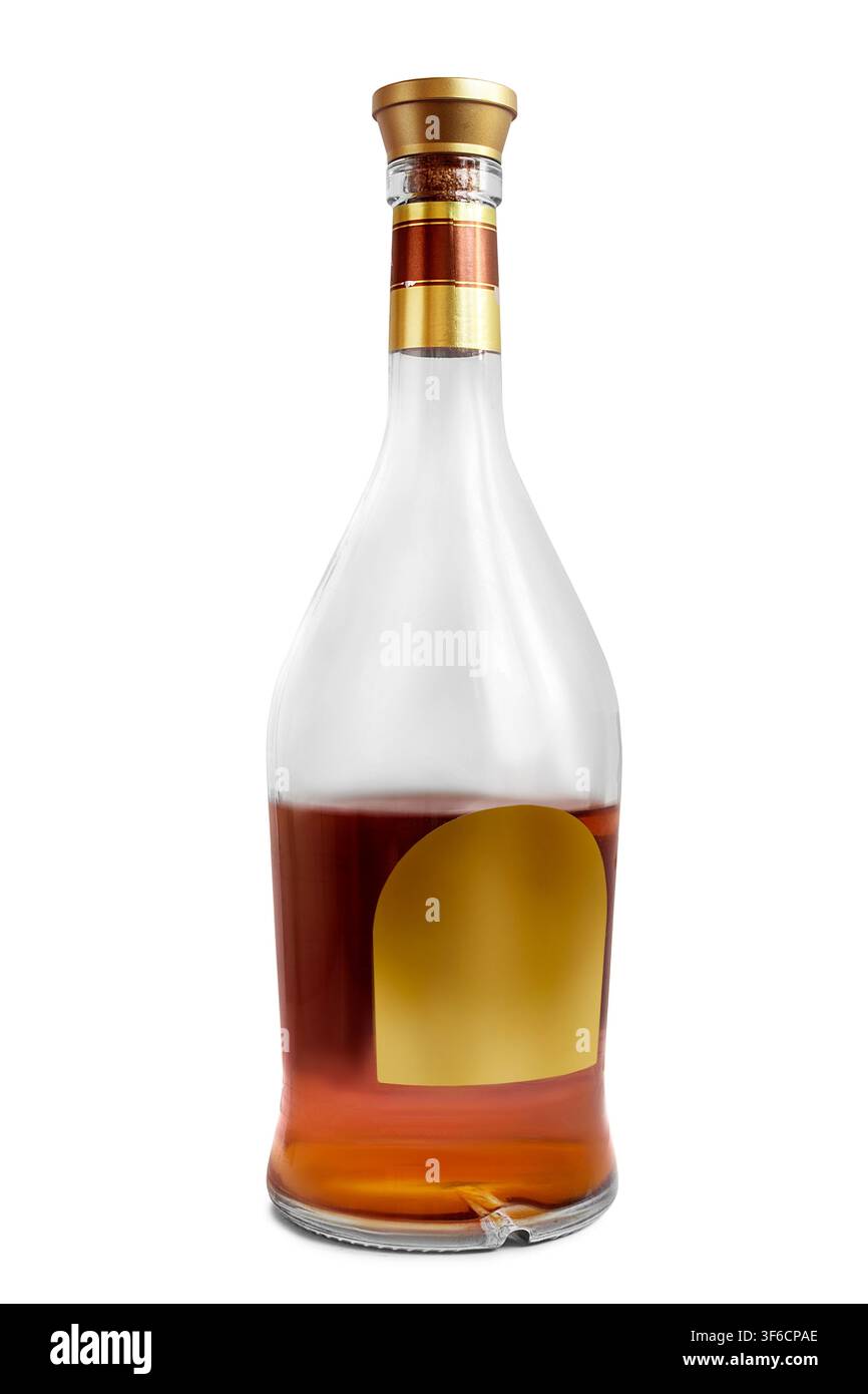 Half full brandy bottle isolated on white background Stock Photo