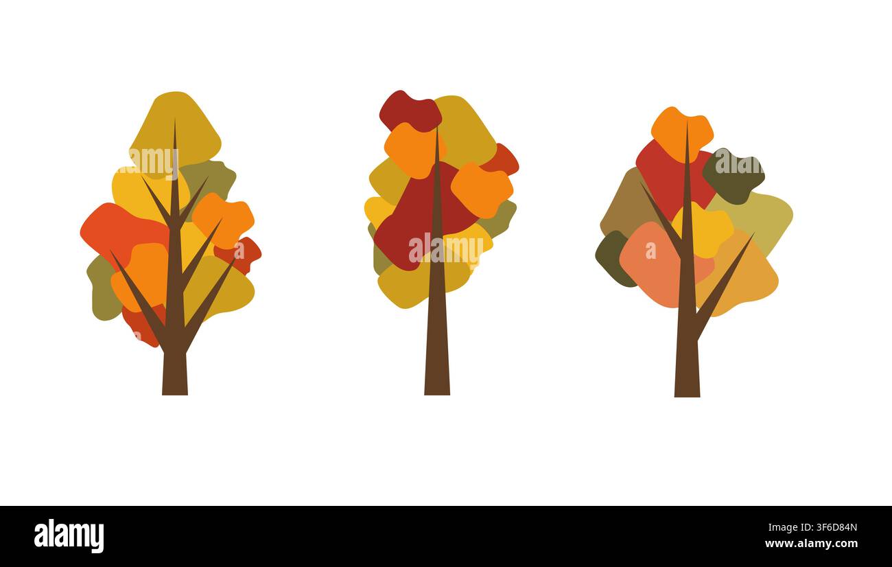 Modern Geometric Autumn Trees with Layered Angular Panels Digital Illustration Stock Vector