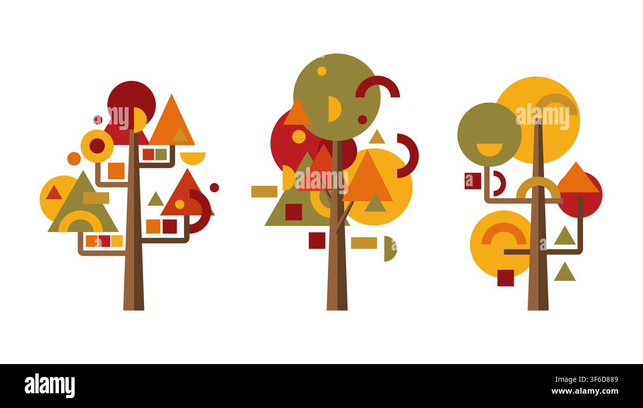 Highly Decorative Mosaic Patterned Geometric Autumn Trees Graphic Element Set Stock Vector