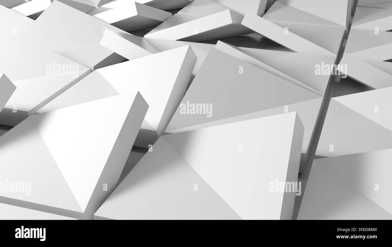 Abstract white triangular pattern forming a minimal modern background with repeating geometric shapes, strong angles, soft shadows and depth. Clean, c Stock Photo