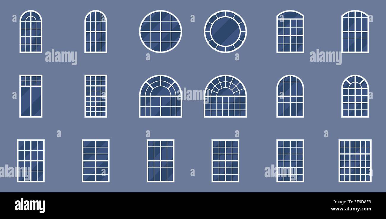 Slate Blue Background Arched and Grid Pane Window Icon Set Vector Illustration Stock Vector