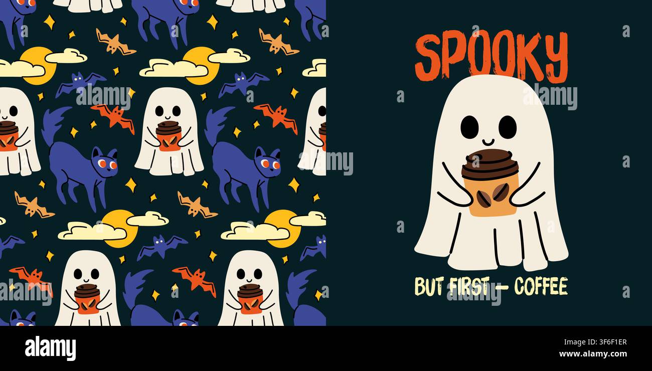 Spooky ghost with coffee hand drawn vector sticker and seamless pattern set for Halloween cafe branding Stock Vector