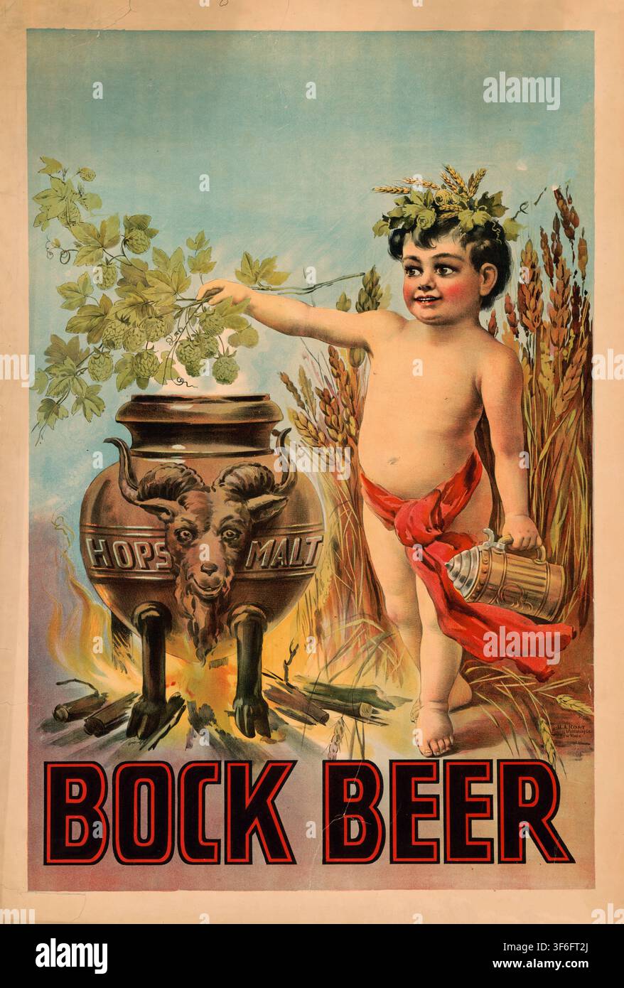 Werbeplakat, Getränkewerbung, Werbeplakat von H.A. Rost für Bockbier aus dem späten 19. Jahrhundert. Es zeigt ein Kind mit einem Kranz aus Hopfen und Stock Photo