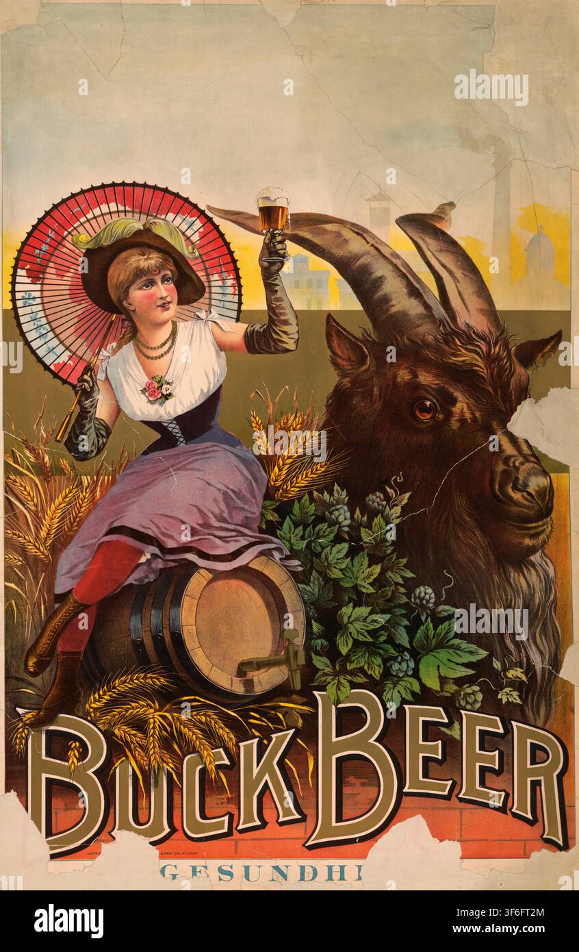 Werbeplakat, Getränkewerbung, Werbeplakat für Bockbier aus dem späten 19. Jahrhundert, das oft als Bock Beer Gesundheit Plakat bezeichnet wird.Die Sze Stock Photo