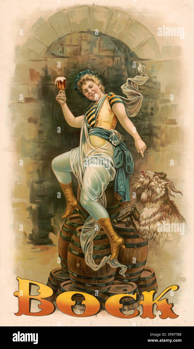 Werbeplakat, Getränkewerbung, Vintage-Bockbier-Plakat, eine Lithografie aus dem Jahr 1894, entworfen von Henry Jerome Schile. Das Kunstwerk zeigt eine Stock Photo