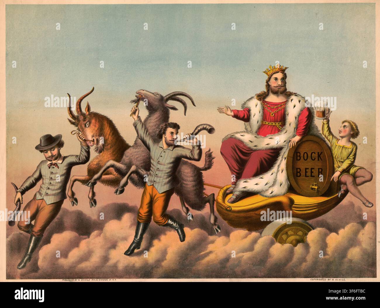 Werbeplakat, Getränkewerbung, Plakat von Henry Jerome Schile aus dem Jahr 1881, wirbt für Bockbier. Es zeigt den legendären König Gambrinus auf einem Stock Photo